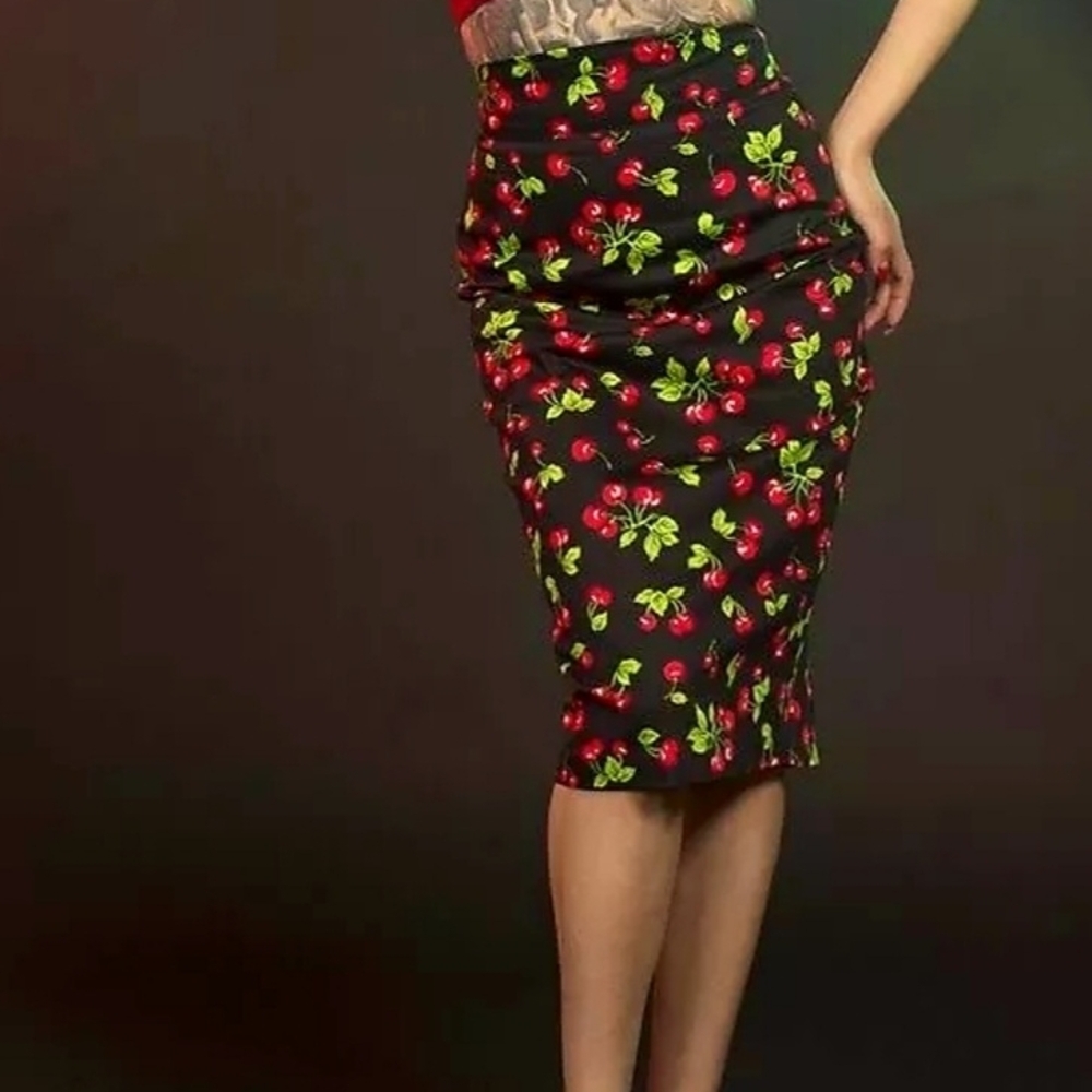 Pinup Couture Black Midi Skirt with Cherry Print